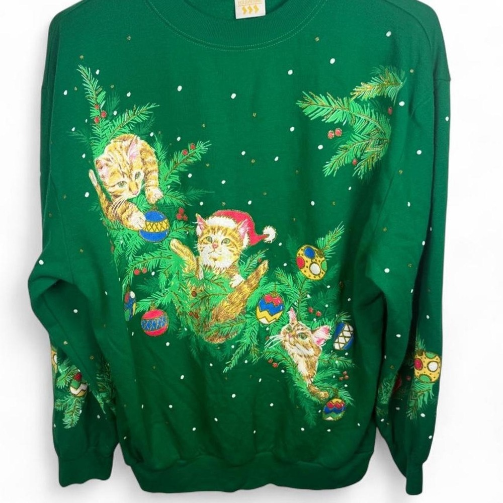 Vintage Holiday Time Christmas Cat Sweatshirt Green 90s Kitten Tree Made USA M